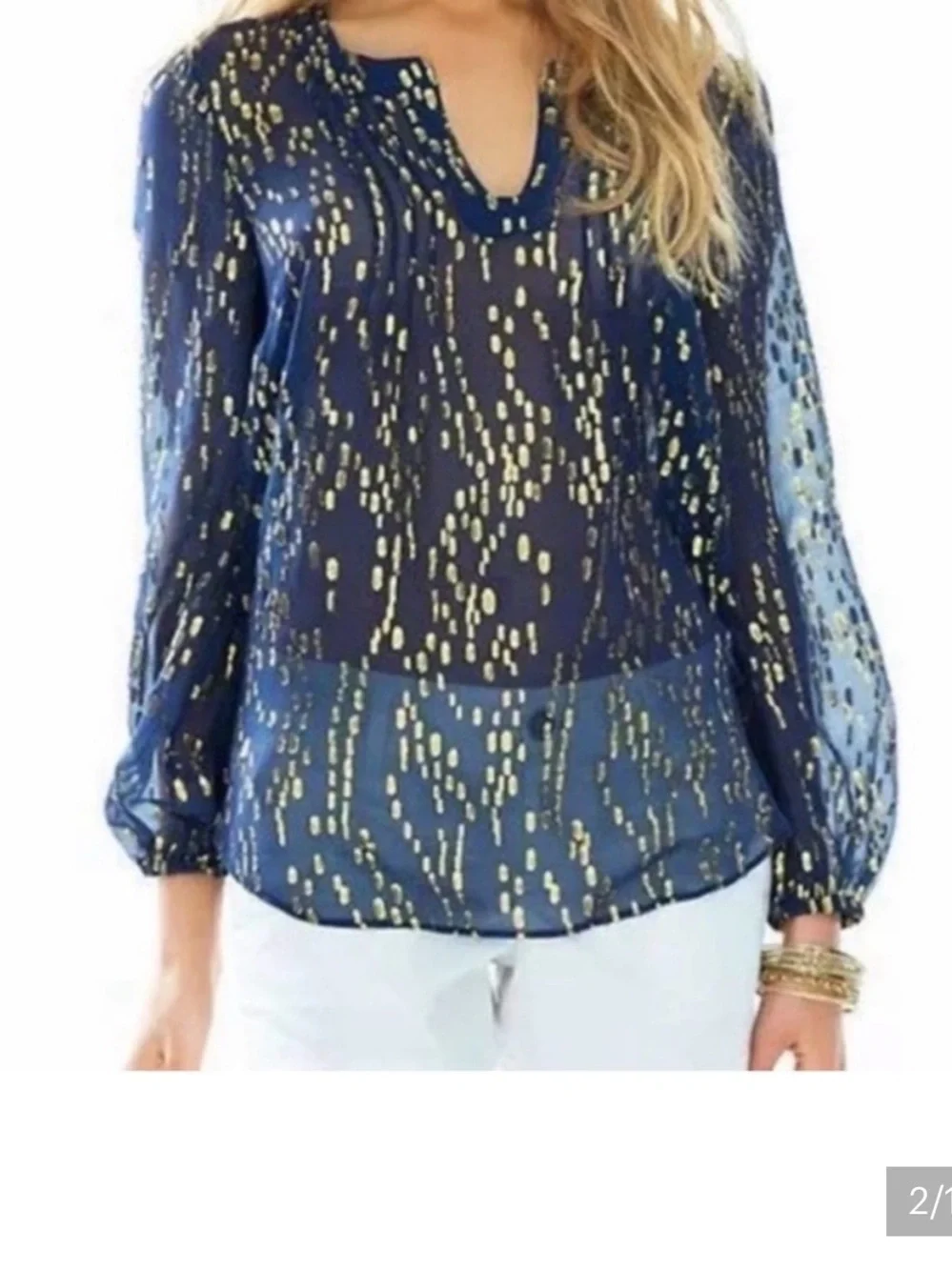 Lilly Pulitzer True Navy Gold Bubble Clip Dot Jacquard Blouse Top